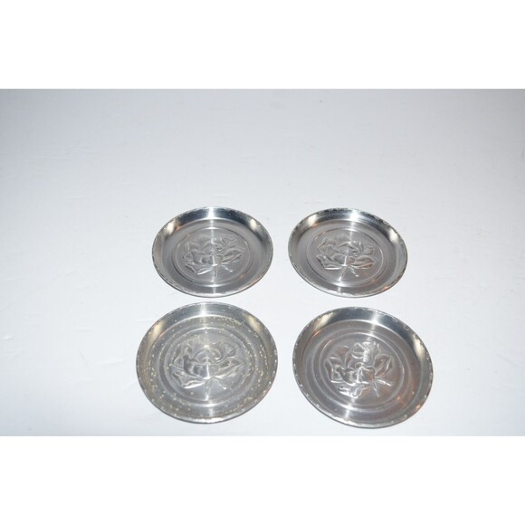 Vtg Pewter Peony Repousse round coaster set Floral 4pc set - Picture 6 of 6